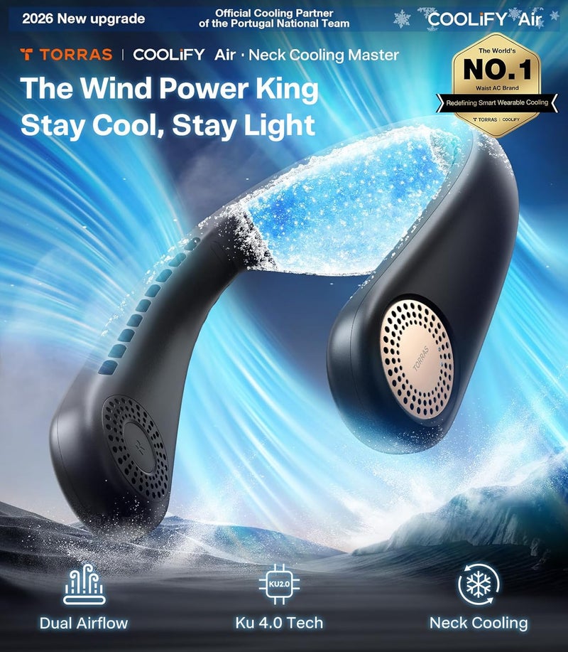 TORRAS COOLiFY Air 2026 Upgraded Neck Fan Air Conditioner, Dual-Airflow Pro Cooling, Ultra Light Portable Fan Rechargeable, Personal Cooling Fan Travel Essentials, Gift for Dad Husband Father, Black - Image 2