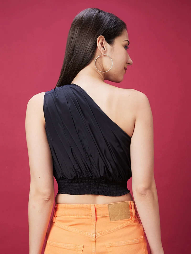 globus Black Women Black One Shoulder Smocked Crepe Crop Top for Women | Best Price UAE