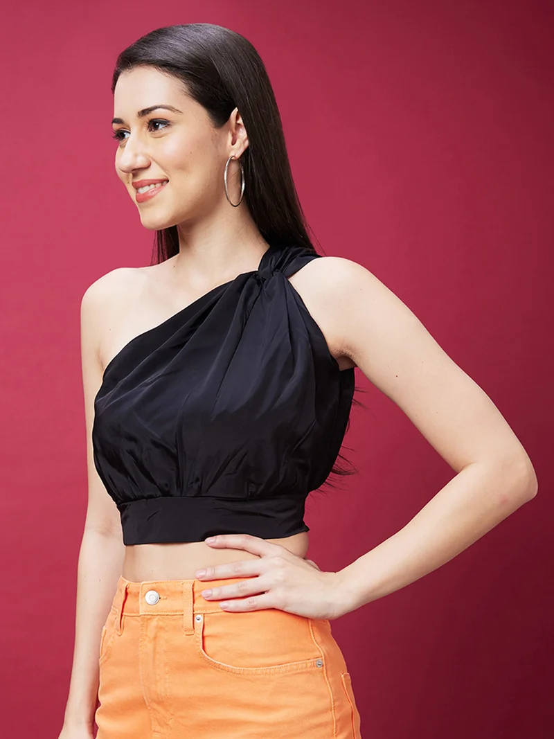 globus Black Women Black One Shoulder Smocked Crepe Crop Top for Women | Best Price UAE