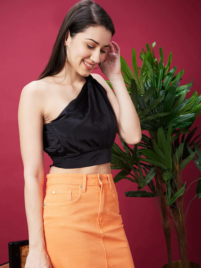 Women Black One Shoulder Smocked Crepe Crop Top