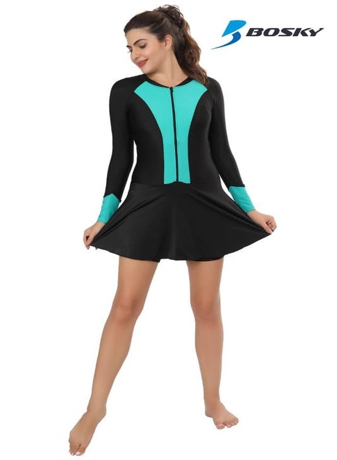 BOSKY Swimming Costume for Women Frock Style Full Sleeves - One Piece Swimming Dress | Swimsuit for Women & Girls (Black-Green, Small) - Image 1