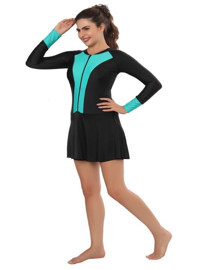 BOSKY Swimming Costume for Women Frock Style Full Sleeves - One Piece Swimming Dress | Swimsuit for Women & Girls (Black-Green, Small) - Image 2