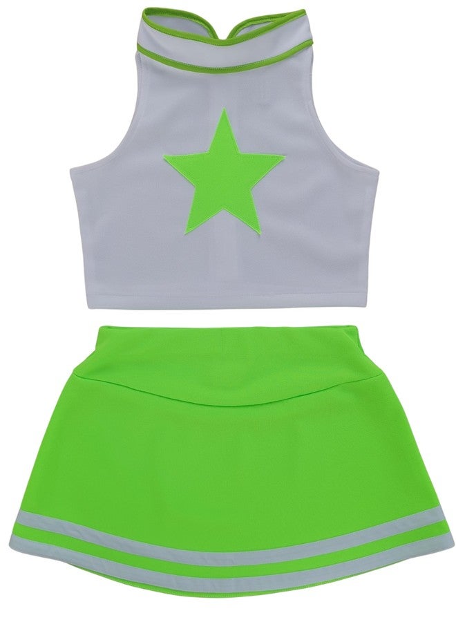 Total 2550 Little Girls' Kids Children Dress Cheerleader Costume Uniform Cheerleading Outfit Halloween Star (Neon Green/White, XL / 10-12) - Image 2
