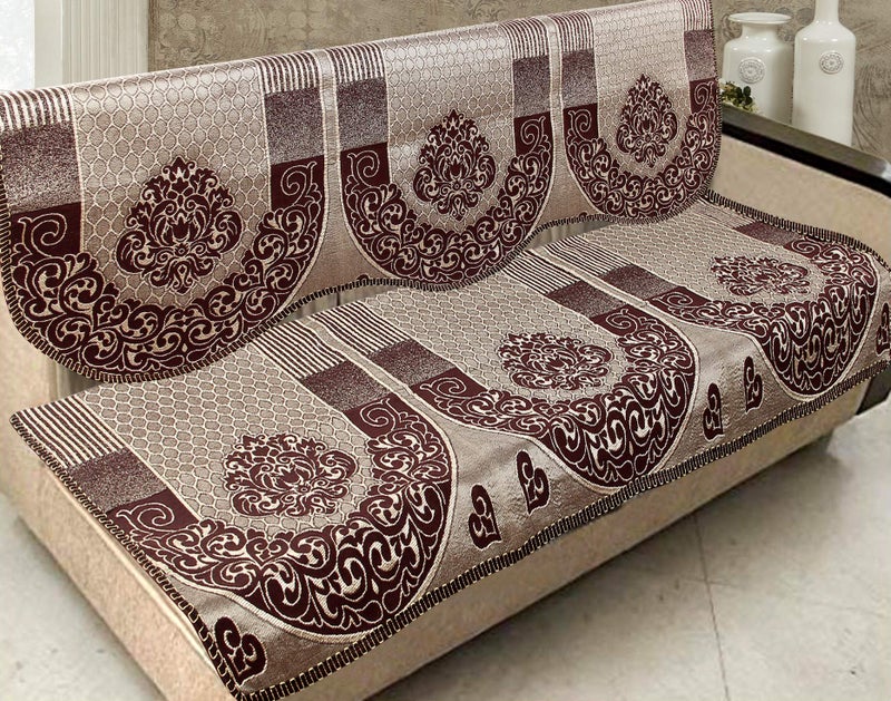 Nendle Cotton and Polyester Damask Design Concept 5 Seater Sofa Covers Set, Pack of 6, Standard, Brown - Image 1