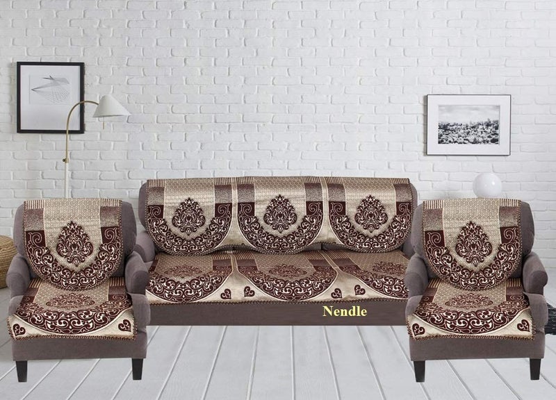 Nendle Cotton and Polyester Damask Design Concept 5 Seater Sofa Covers Set, Pack of 6, Standard, Brown - Image 2