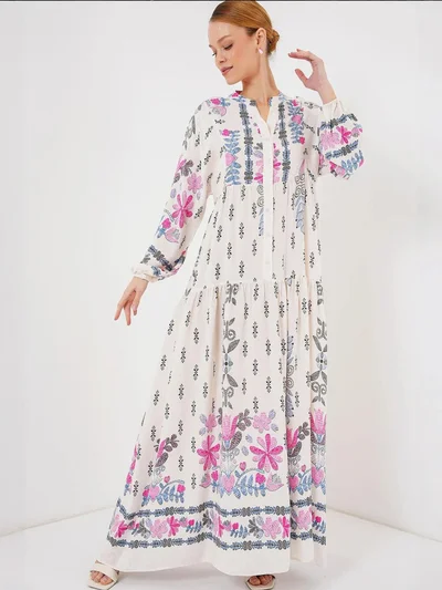 BIG DART BDART Patterned V-Neck Maxi Dress with Button Closure
