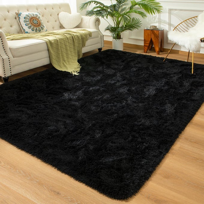 SOFT FLUFFY BEDROOM RUGS 5 X 8 FEET INDOOR SHAGGY PLUSH AREA RUG FOR BOYS GIRLS KIDS BABY COLLEGE DORM LIVING ROOM HOME DECOR FLOOR CARPET BLACK