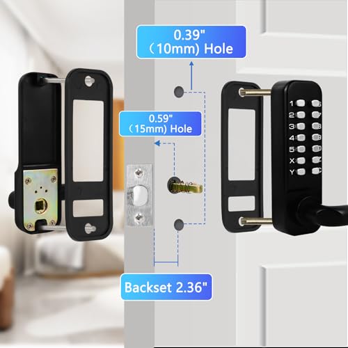 Casmer Upgrade Mechanical Door Lock with Adjustable Deadlatch 2-3/8'' and 2-3/4'',Outdoor Keyless Gate Lock with Handle, Waterproof Mechanical Keypad Door Lock (Black) - Image 4