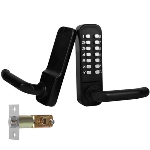 Casmer Upgrade Mechanical Door Lock with Adjustable Deadlatch 2-3/8'' and 2-3/4'',Outdoor Keyless Gate Lock with Handle, Waterproof Mechanical Keypad Door Lock (Black) - Image 1
