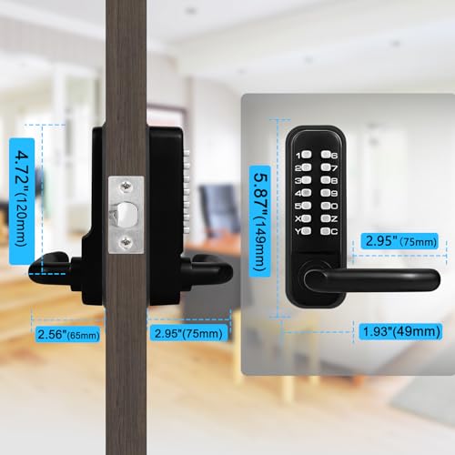 Casmer Upgrade Mechanical Door Lock with Adjustable Deadlatch 2-3/8'' and 2-3/4'',Outdoor Keyless Gate Lock with Handle, Waterproof Mechanical Keypad Door Lock (Black) - Image 3