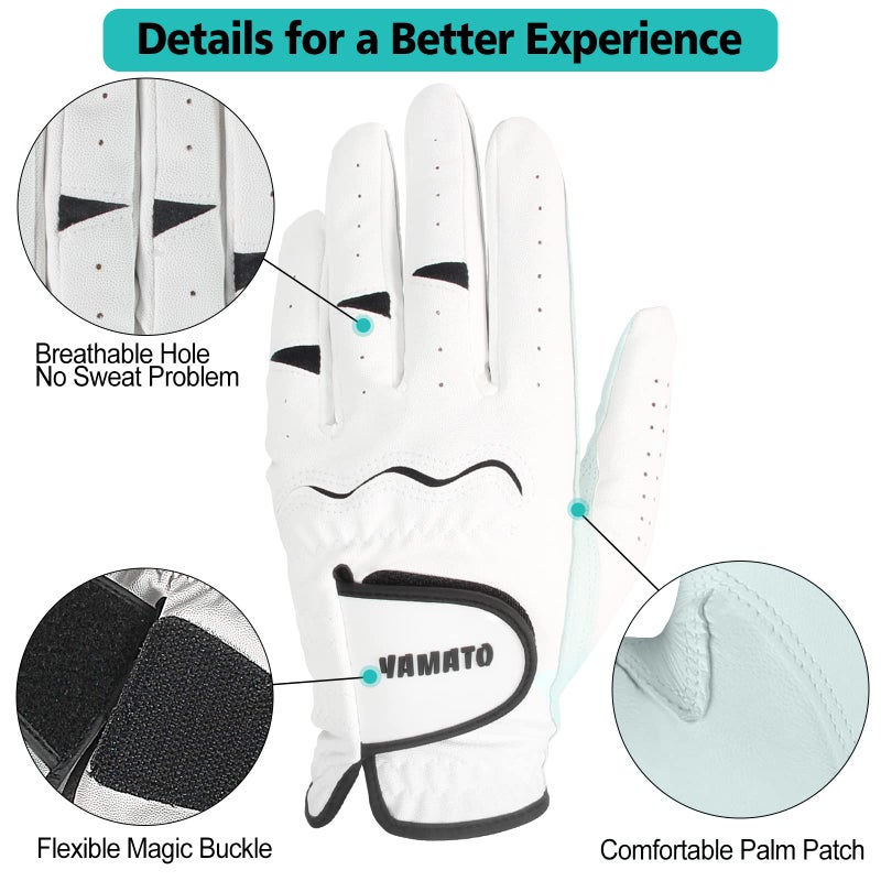Yamato 3 Pack Men's Golf Gloves - Durable White Cabretta Leather, All Weather, Right Handed, Breathable, Grip Soft Comfortable for Golfers - Image 2