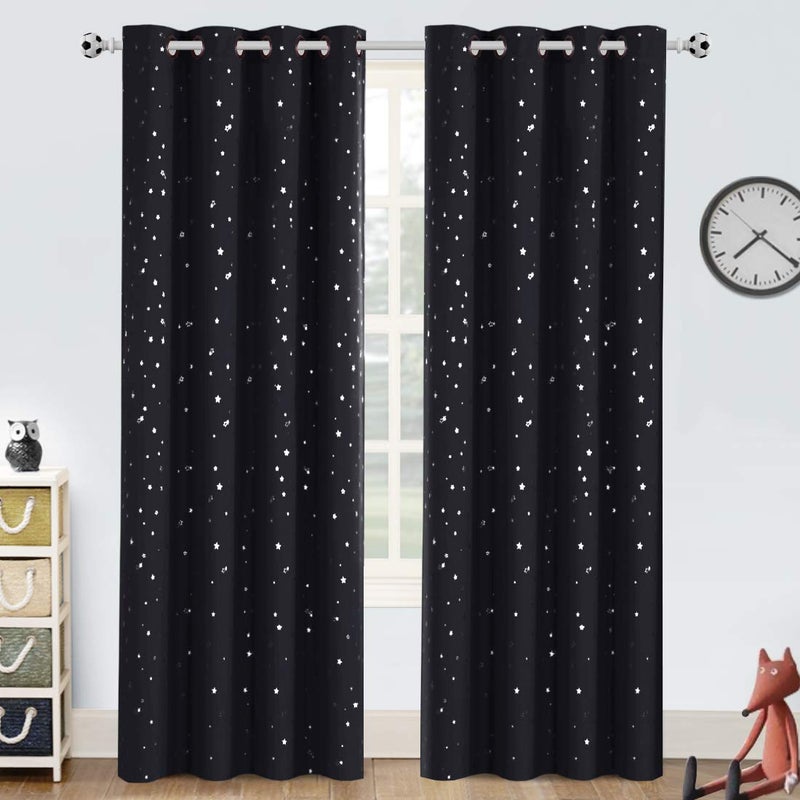 PrinceDeco Blackout Kids Curtains for Bedroom Thermal Insulated Silver Twinkle Star Curtains for Boys Antique Grommet Top Window Treatment 2 Panels Drape for Nursery 52 W x 84 L BlackSilver