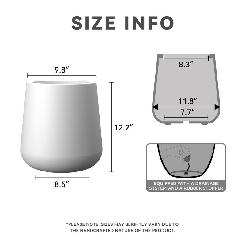 Kante 9.8-Inch Dia Round Concrete Garden Pot with Drainage Hole & Rubber Plug - Indoor/Outdoor Lagre Plant Pot for Home, Garden, Patio, White - Image 2