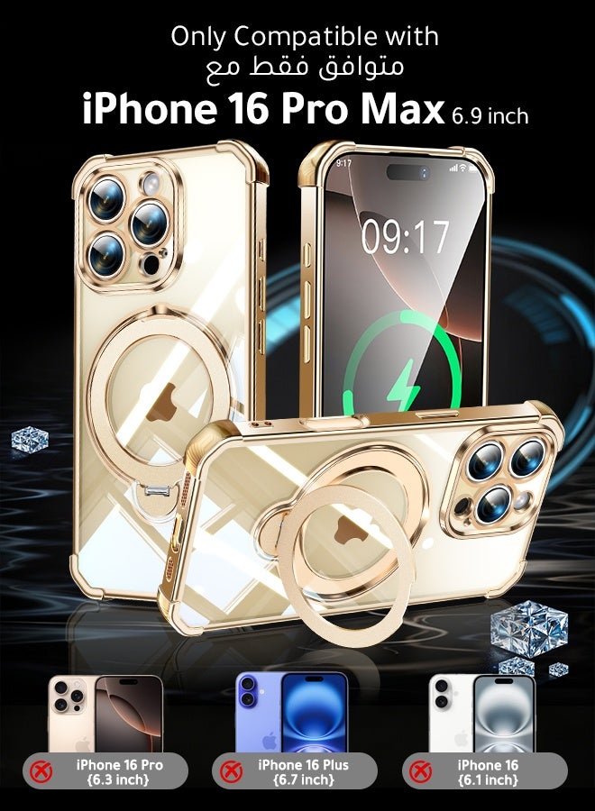 غطاء هاتف شفاف مغناطيسي لـ iPhone 16 Pro Max مقاس 6.9 بوصة، حامل حلقة دوارة بزاوية 360 درجة، متوافق مع MagSafe بقدرة 15 واط، حماية من السقوط بدرجة عسكرية، إطار ذهبي - Image 3