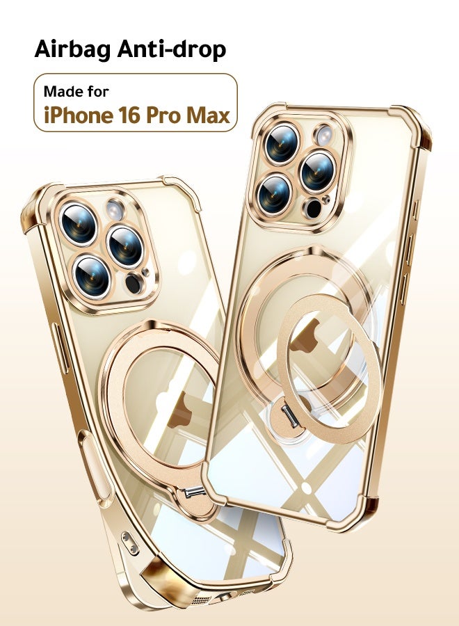 غطاء هاتف شفاف مغناطيسي لـ iPhone 16 Pro Max مقاس 6.9 بوصة، حامل حلقة دوارة بزاوية 360 درجة، متوافق مع MagSafe بقدرة 15 واط، حماية من السقوط بدرجة عسكرية، إطار ذهبي - Image 1