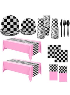 Oudain 162 Pcs Car Birthday Party Supplies For 20 Guests Checkered Racing Party Decorations 2 Checkered Racing Flag Rectangular Tablecloth For Racing Car Christmas Party Dinner Plates (Pink)  - Image 1