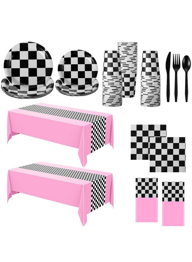 Oudain 162 Pcs Car Birthday Party Supplies For 20 Guests Checkered Racing Party Decorations 2 Checkered Racing Flag Rectangular Tablecloth For Racing Car Christmas Party Dinner Plates (Pink) - Image 1