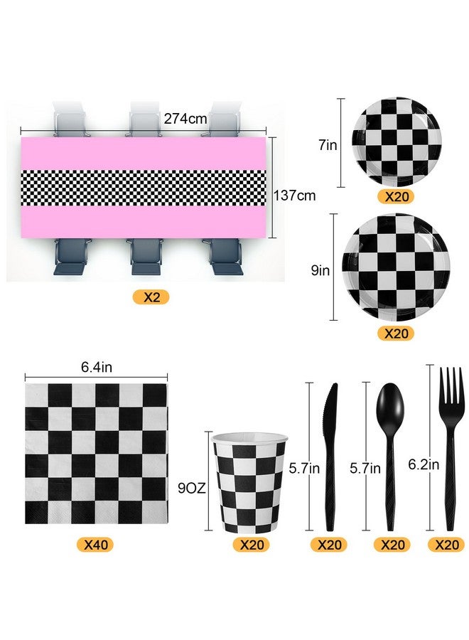 Oudain 162 Pcs Car Birthday Party Supplies For 20 Guests Checkered Racing Party Decorations 2 Checkered Racing Flag Rectangular Tablecloth For Racing Car Christmas Party Dinner Plates (Pink) - Image 2