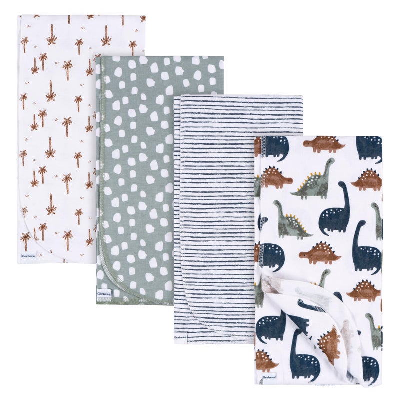 Gerber Unisex Baby 100% Cotton Flannel Receiving Blankets 30x30 Inches (Pack of 4), Dino Time, One Size - Image 1