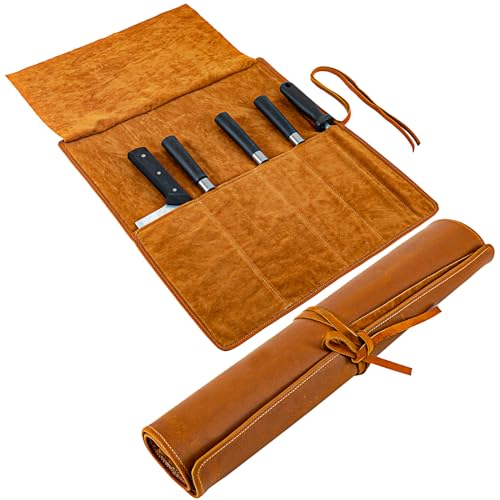 Baizoy Knife Roll Bag Genuine Leather,Chefs Professional 5 Knives and Cookware,Perfect for The Traveling Chef,Travel Tool Roll Pouch,No Tools Included - Image 1