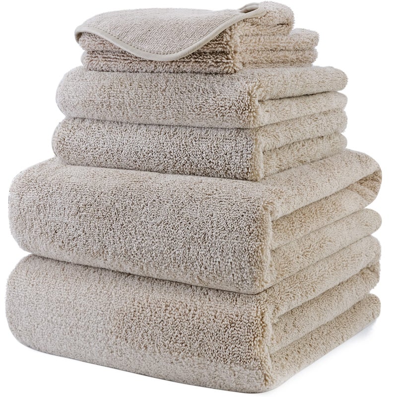 POLYTE Oversize  60 x 30 in.  Quick Dry Lint Free Microfiber Bath Towel Set  6 Piece (Beige) - Image 1