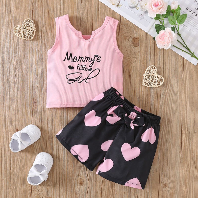 Girls' Summer Children'S Wear Suit Letter Printed Vest Love Printed Shorts Fashion Two-Piece Set - Image 2