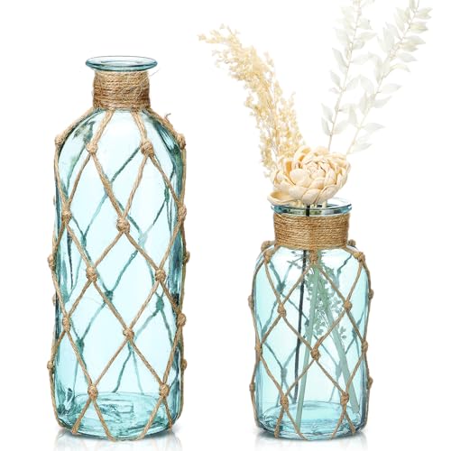 Chuangdi Set of 2 Coastal Glass Vases for Flowers TSITP Flower Vase with Boho Rope Small Sea Glass Jar Nautical Beach Bottle for Wedding Table Centerpieces Floral Arrangement DecorLight Blue - Image 1