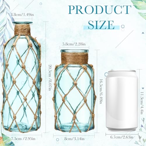 Chuangdi Set of 2 Coastal Glass Vases for Flowers TSITP Flower Vase with Boho Rope Small Sea Glass Jar Nautical Beach Bottle for Wedding Table Centerpieces Floral Arrangement DecorLight Blue - Image 3