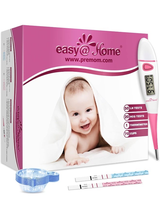 Easy@Home مجموعة اختبار الإباضة من Easy@Home: 50 شريط اختبار إباضة و 20 اختبار حمل مبكر و مقياس حرارة قاعدي واحد و 70 كوب بول - Image 1