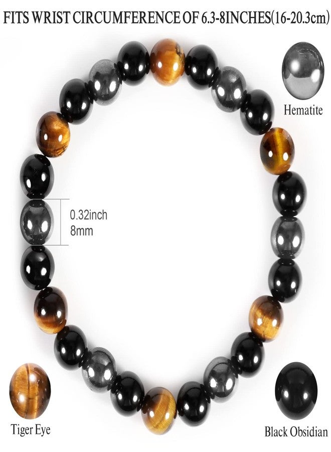Denchy Triple Protection Bracelet, Tigers Eye - Black Obsidian and Hematite Beaded Bracelets for Men Women, Tourmaline Spiritual Natural Crystal Stone Luck Bracelet, Birthday Mother's Day Gift (8mm) - Image 2