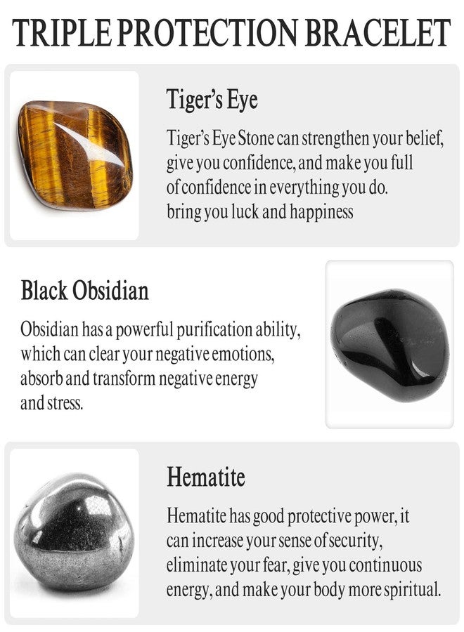 Denchy Triple Protection Bracelet, Tigers Eye - Black Obsidian and Hematite Beaded Bracelets for Men Women, Tourmaline Spiritual Natural Crystal Stone Luck Bracelet, Birthday Mother's Day Gift (8mm) - Image 3