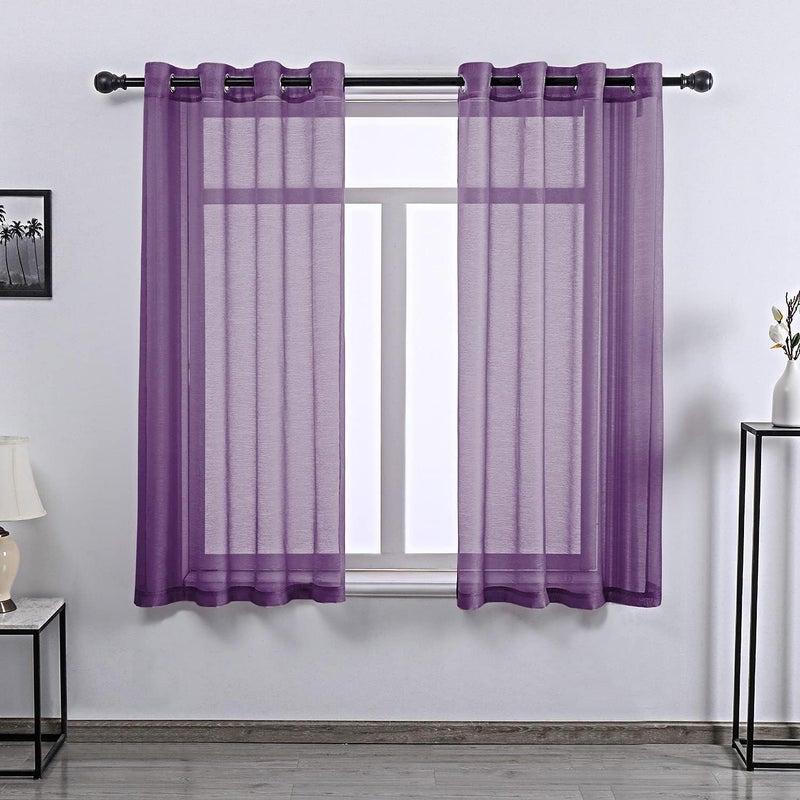 DONREN Semi Sheer Curtains Purple 63 Inch Length for Bedroom - Set of 2 Panels Window Textured Sheer Curtain Panels for Living Room W 52 x L 63 Inches Long Royal Purple - Image 1