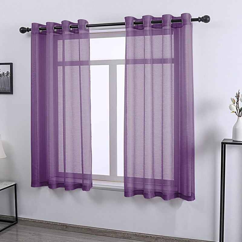 DONREN Semi Sheer Curtains Purple 63 Inch Length for Bedroom - Set of 2 Panels Window Textured Sheer Curtain Panels for Living Room W 52 x L 63 Inches Long Royal Purple - Image 2