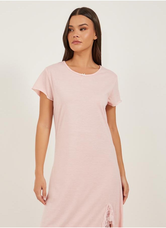 Styli - Round Neck Lace Trim Lettuce Edge Sleep T-Shirt - Image 1