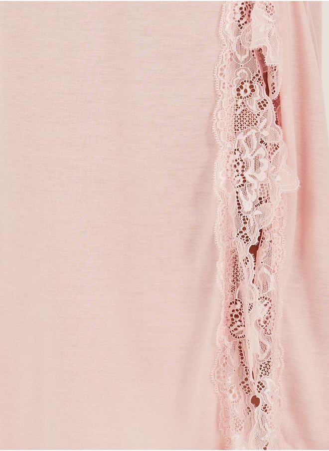 Styli - Round Neck Lace Trim Lettuce Edge Sleep T-Shirt - Image 1