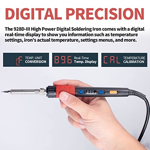 YIHUA 928D-III Soldering Iron,110W High Power, Fully Digital Display °F /°C- Temperature Control Soldering Tool, Accurate 194~896°F, with ON/OFF Switch, Iron Tip, Brass Wool, Automatic Sleep Mode - Image 5