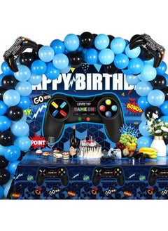 Tatuo Video Game Birthday Party Decorations Set Gaming Happy Birthday Supplies Includes Video Game Backdrop Table Covers Balloons And Foil Gamer Balloons For Birthday Party (Blue And Black)  - Image 1