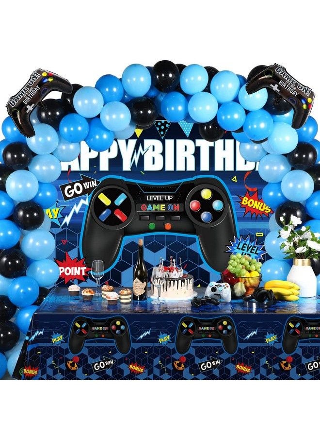 Tatuo Video Game Birthday Party Decorations Set Gaming Happy Birthday Supplies Includes Video Game Backdrop Table Covers Balloons And Foil Gamer Balloons For Birthday Party (Blue And Black)  - Image 1