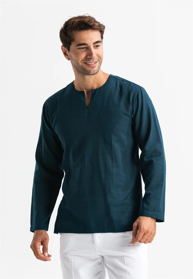 اليش شيل بيزي Long Sleeve Şile Cloth Crew Neck Men's Tshirt Dark Petrol 3069