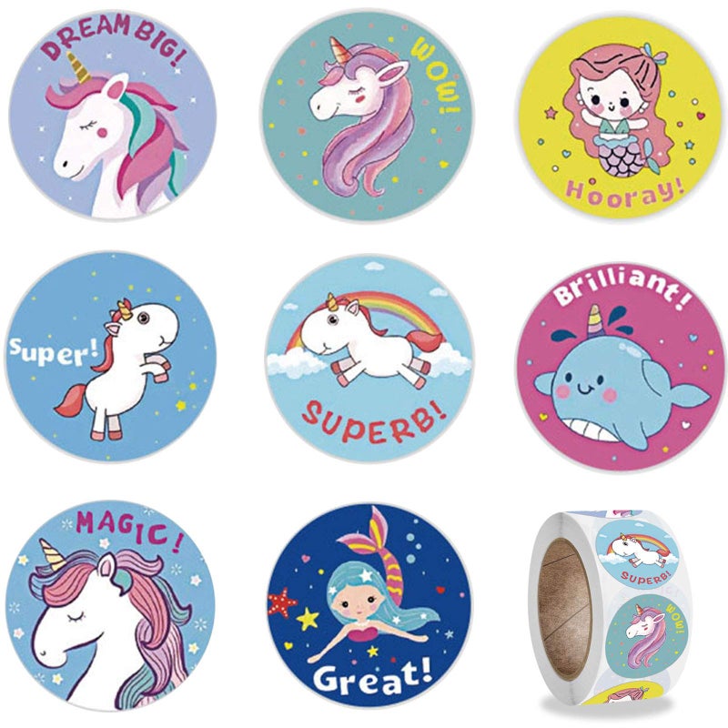 RORANIC Cute Unicorn Mermaid Princess Stickers Roll for Girls500Pcs 25CM1IN Reward Stickers for Classroom Birthday Party Favor Unicorn Type A