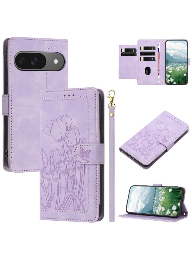 The Bros Phone Case For Google Pixel 9 / 9 Pro Tulips Embossed Leather Phone Phone Case with Lanyard - Image 1