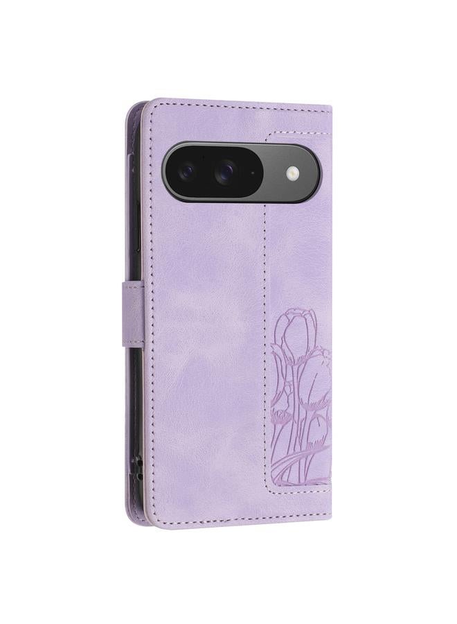 The Bros Phone Case For Google Pixel 9 / 9 Pro Tulips Embossed Leather Phone Phone Case with Lanyard - Image 3
