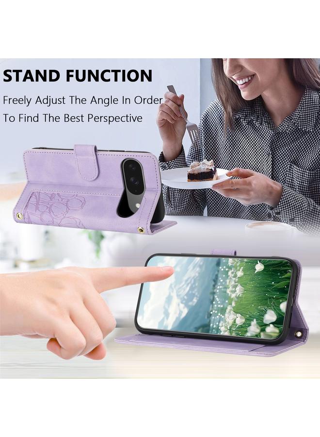 The Bros Phone Case For Google Pixel 9 / 9 Pro Tulips Embossed Leather Phone Phone Case with Lanyard - Image 5