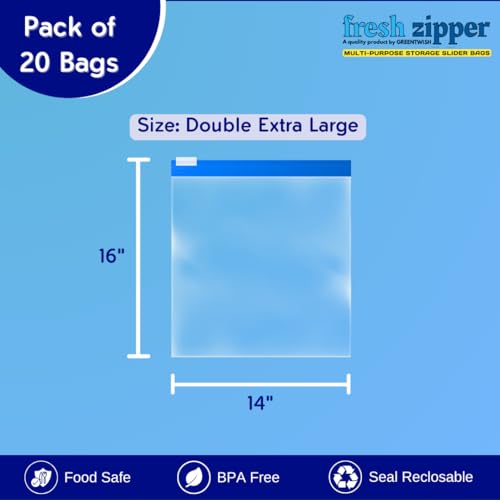 GREENTWISH Fresh Zipper (Pack of 20) Storage Slider Bags, Freezer and Microwave Safe, Reusable LDPE, Transparent, Travel Packing, Ziplock Vegetable Fridge Food Bag | Size: 14 x 16 Inch (XXL) - Image 2