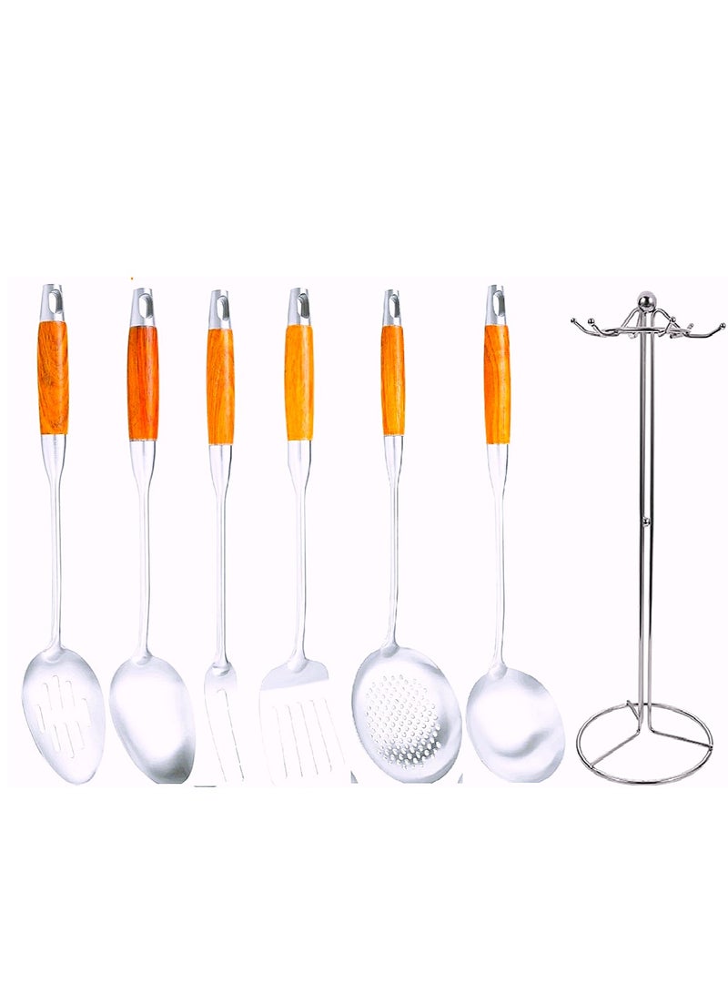 Bin Shihon A set of stainless steel cooking spoons with a wooden handle and a holder, 7 pieces - Image 1