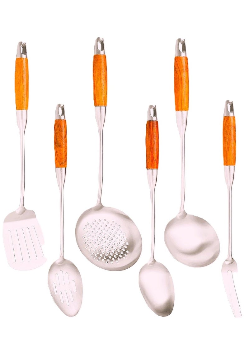 Bin Shihon A set of stainless steel cooking spoons with a wooden handle and a holder, 7 pieces - Image 2