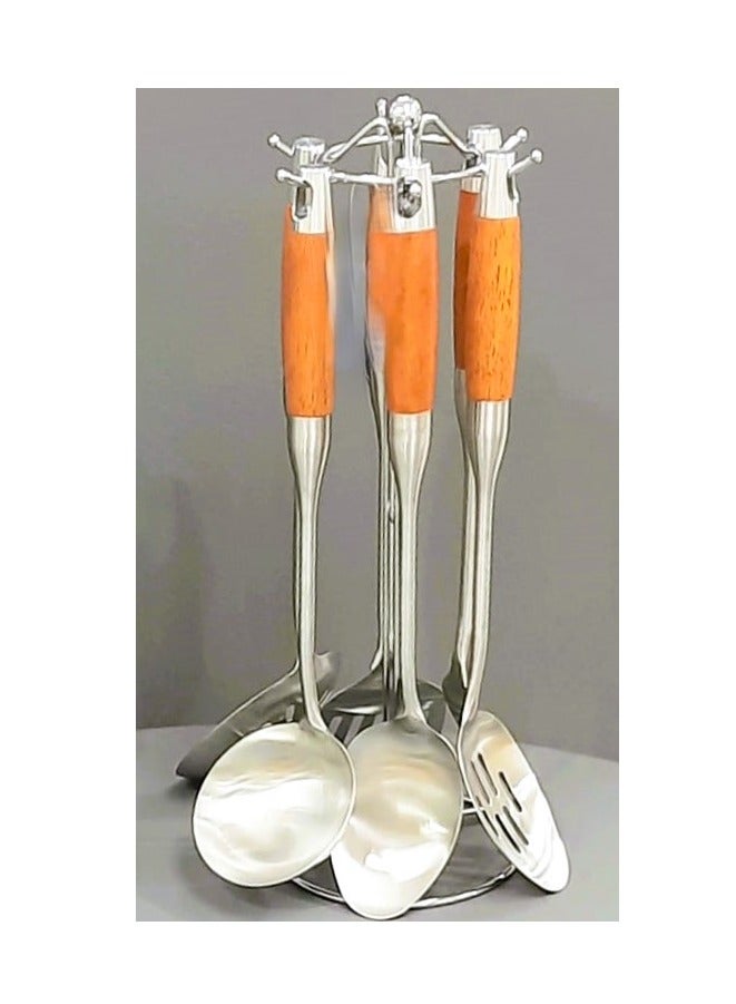 Bin Shihon A set of stainless steel cooking spoons with a wooden handle and a holder, 7 pieces - Image 4