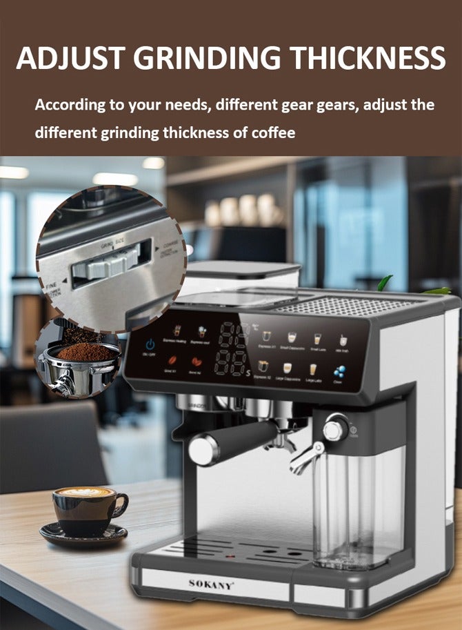 سوكاني ماكينة صنع قهوة إسبريسو أوتوماتيكية 4 في 1، 1800 واط/2.6 لتر كابتشينو/لاتيه/إسبريسو/طحن مع خافق حليب أوتوماتيكي، ضغط مضخة 20 بار، ماكينة صنع قهوة بشاشة تعمل باللمس للمنزل والمكتب، SK-04032 - Image 5