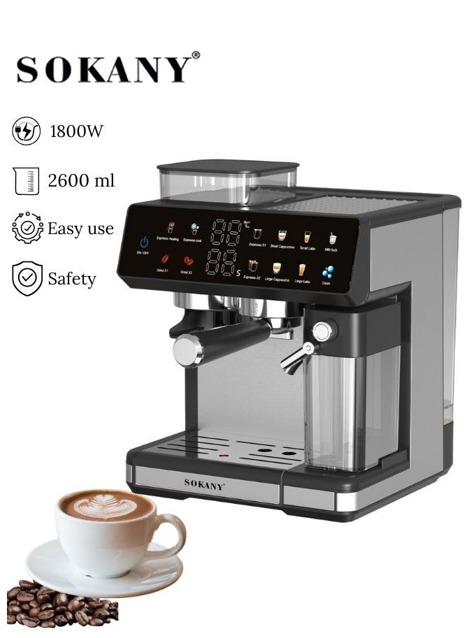 سوكاني ماكينة صنع قهوة إسبريسو أوتوماتيكية 4 في 1، 1800 واط/2.6 لتر كابتشينو/لاتيه/إسبريسو/طحن مع خافق حليب أوتوماتيكي، ضغط مضخة 20 بار، ماكينة صنع قهوة بشاشة تعمل باللمس للمنزل والمكتب، SK-04032 - Image 1