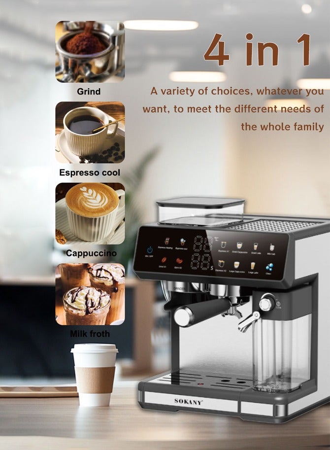 سوكاني ماكينة صنع قهوة إسبريسو أوتوماتيكية 4 في 1، 1800 واط/2.6 لتر كابتشينو/لاتيه/إسبريسو/طحن مع خافق حليب أوتوماتيكي، ضغط مضخة 20 بار، ماكينة صنع قهوة بشاشة تعمل باللمس للمنزل والمكتب، SK-04032 - Image 2